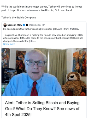 Tether denies Bitcoin sell-off rumors, confirms buying BTC, gold, land