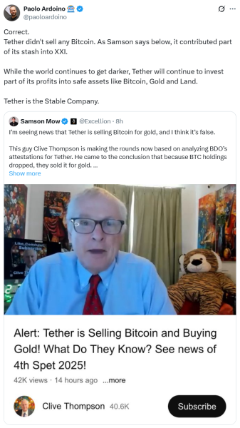 Tether denies Bitcoin sell-off rumors, confirms buying BTC, gold, land0