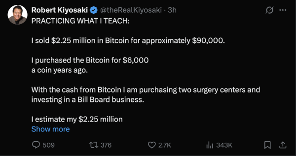 ‘Rich Dad, Poor Dad’ author and Bitcoin bull Robert Kiyosaki sells his BTC
