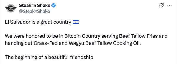 Pro-Bitcoin restaurant Steak ‘n Shake announces El Salvador expansion
