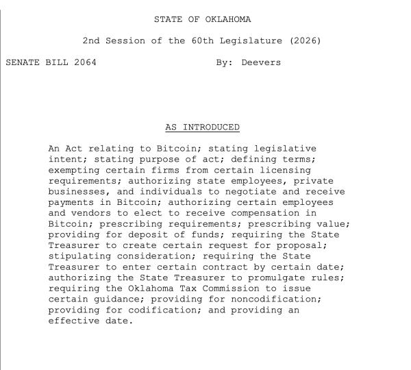 Oklahoma Introduces Bill Allowing State Employees and Vendors to Be Paid in Bitcoin1