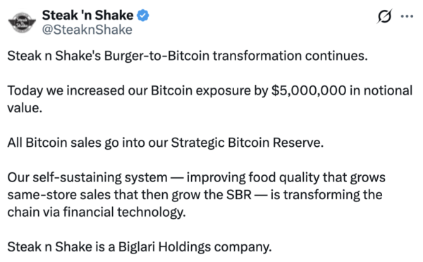 Steak ‘n Shake adds $5M in Bitcoin to reserve as in-store sales grow 18%